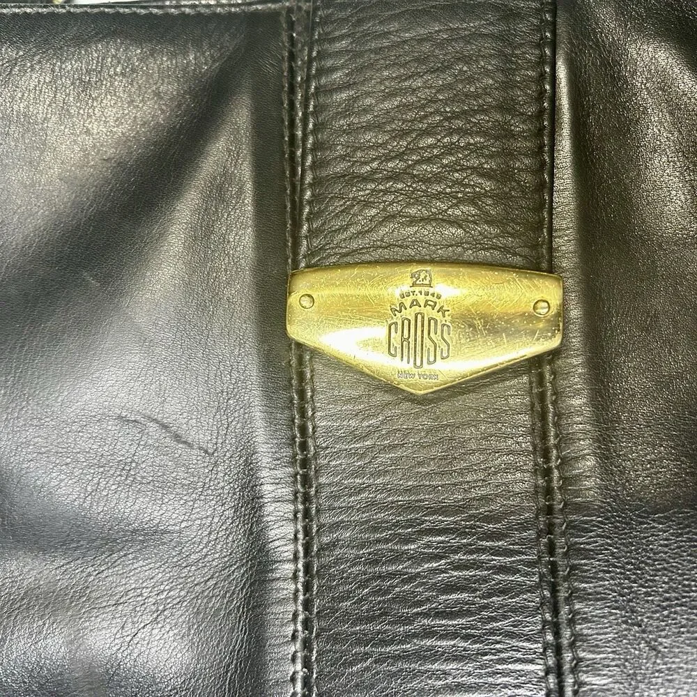 Mark Cross Black Leather Messenger Bag, Gold Tone Hardware, Classic, Preppy